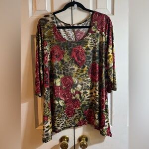 Brittany Black Floral and Leopard Print Blouse - Red and Green